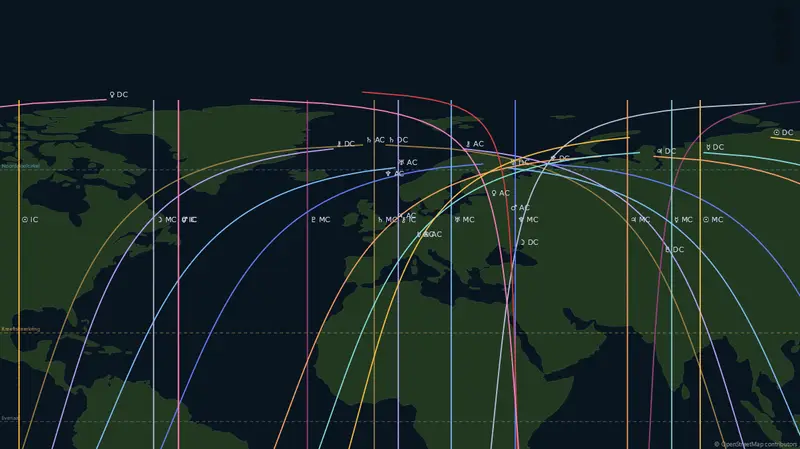 Astrocartography map with planetary lines across Europe, Africa and Asia.