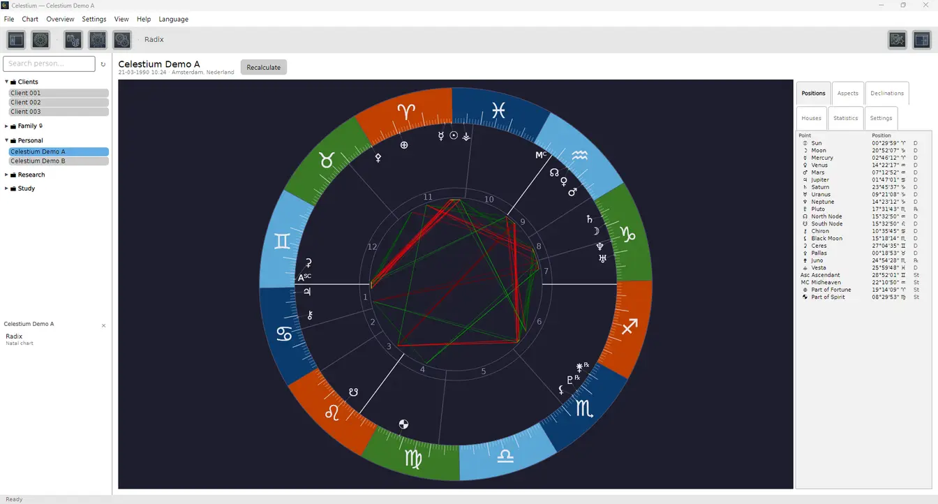 Celestium showing a natal chart: wheel, positions and folder structure.